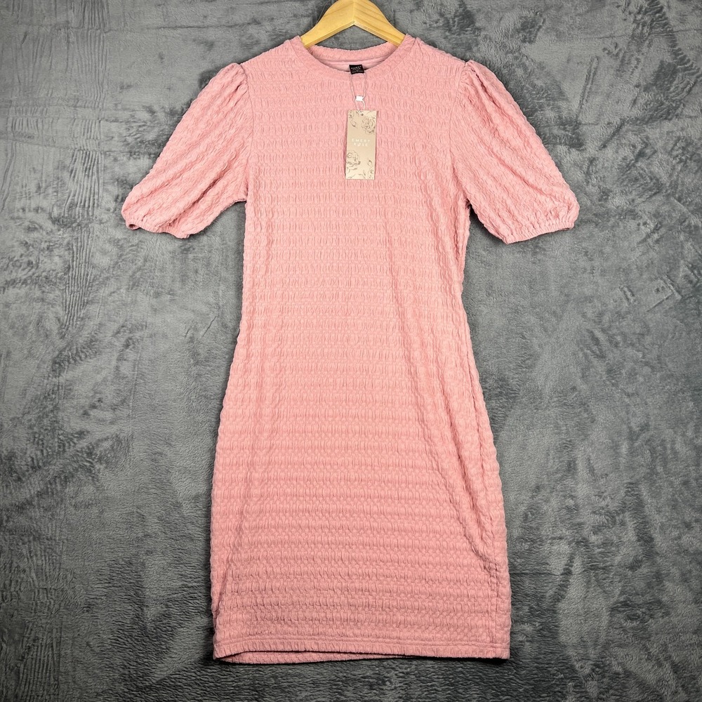 Emery Rose Pink Textured Bodycon Mini Dress Womens Medium Puff Sleeve Crew Neck